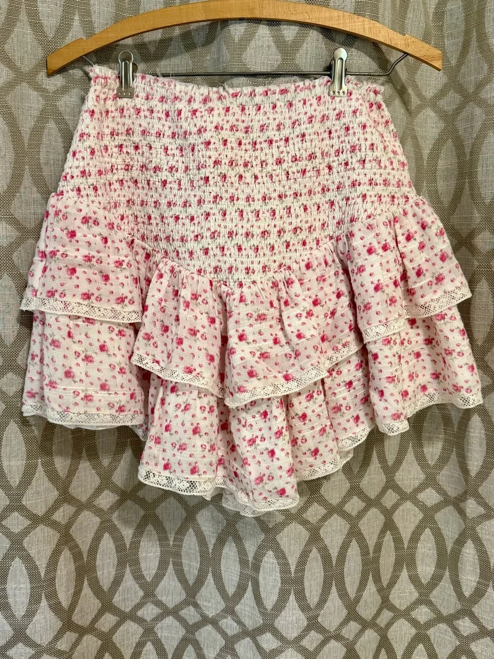 LoveShackFancy Stone Smocked Ruffled Floral Mini Skirt White/Pink Size Medium
